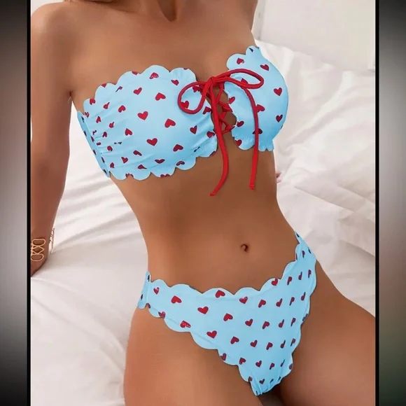 New Bandeau Padded Top Bikini Blue and Red Heart Pattern Size Medium NWT - Picture 3 of 12